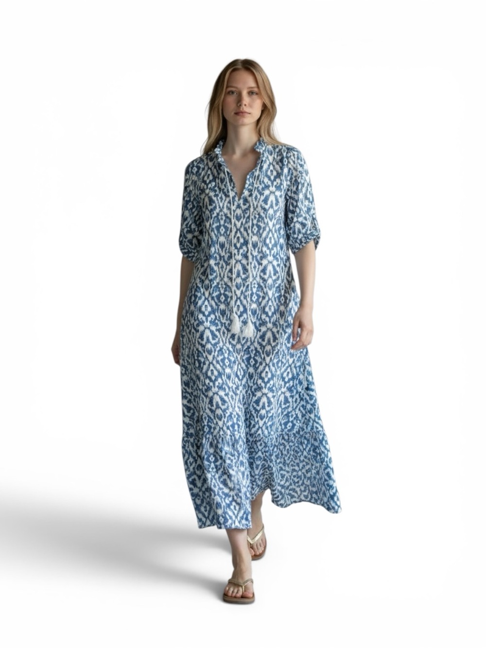 Lucy & Porter Blue White Ikat Maxi Dress NWOT Boho Tassel Tie Midi Maxi Resort S